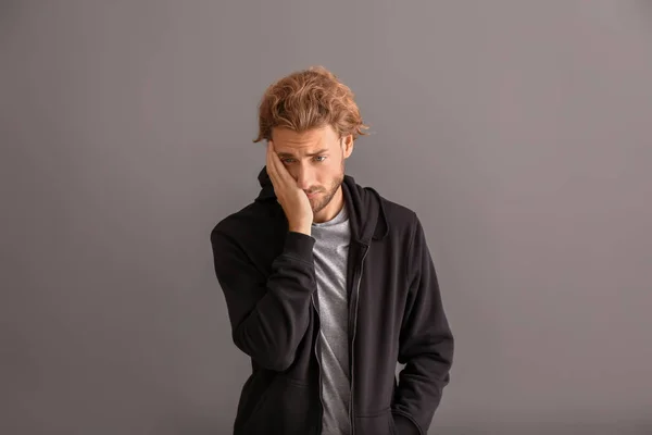 Stressed Young Man Grey Background — Stock Photo, Image