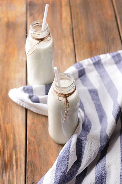 Bottles Fresh Milk Wooden Table — Stock Photo, Image