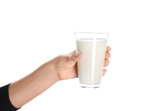 Γυναικείο Χέρι Που Κρατά Ποτήρι Νόστιμο Γάλα Λευκό Φόντο — Φωτογραφία Αρχείου