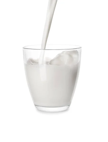 Versamento Latte Saporito Vetro Sfondo Bianco — Foto Stock