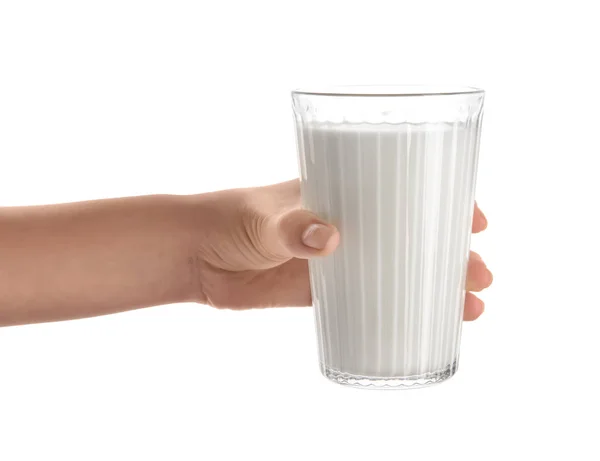 Vrouw Met Glas Melk Witte Achtergrond — Stockfoto