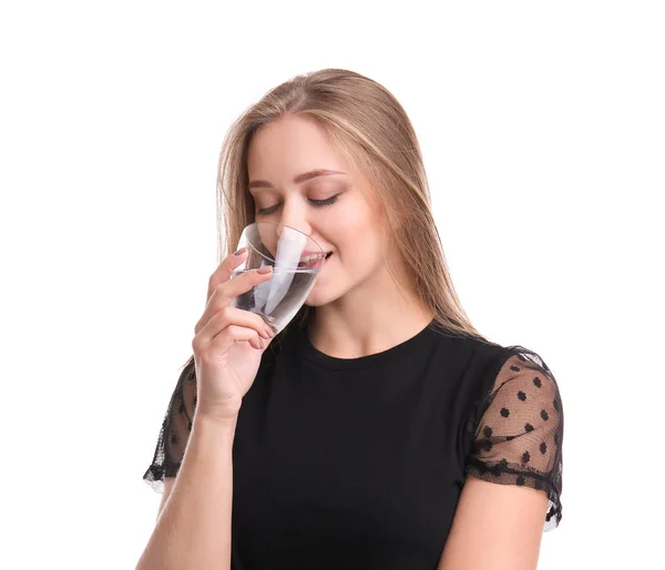 Mooie Jonge Vrouw Drinken Water Witte Achtergrond — Stockfoto