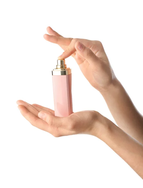 Mujer Sosteniendo Botella Perfume Sobre Fondo Blanco — Foto de Stock