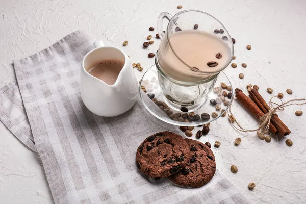 Cup Jug Tasty Aromatic Coffee Cookies White Table — Stock Photo, Image