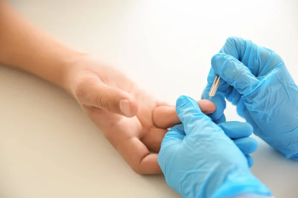 Doctor Using Lancet Get Blood Sample Test Closeup — Stock Photo, Image