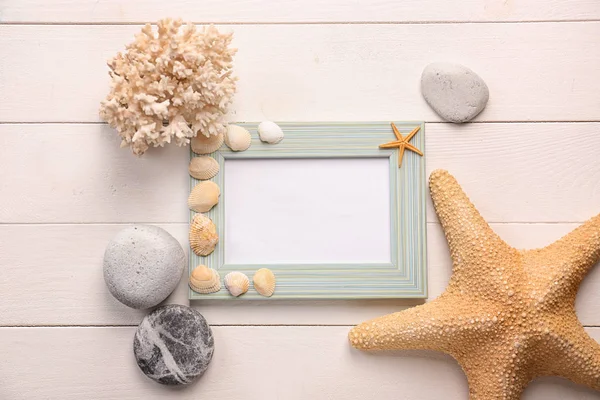 Empty Frame Sea Shells Starfishes Stones White Wooden Background — Stock Photo, Image