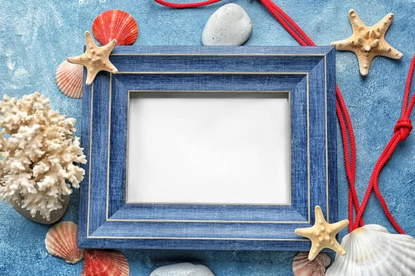 Empty Frame Sea Shells Starfishes Stones Color Background — Stock Photo, Image