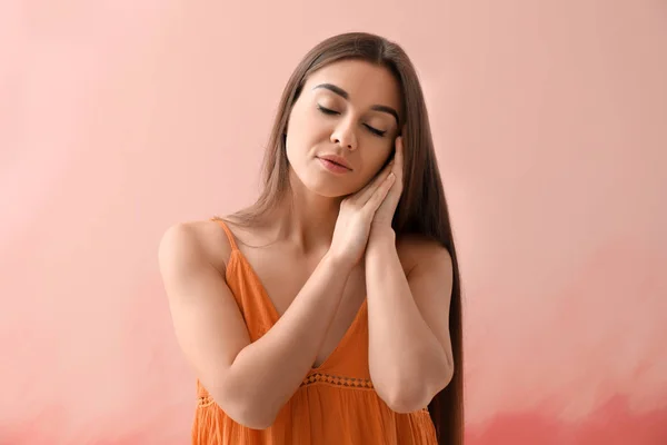 Sleepy Young Woman Color Background — Stock Photo, Image