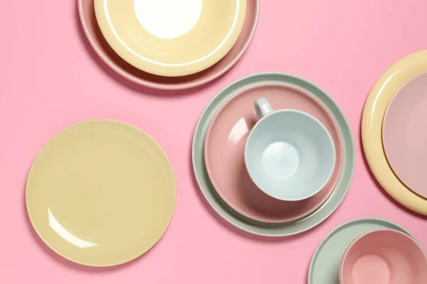 Set Clean Tableware Color Background — Stock Photo, Image