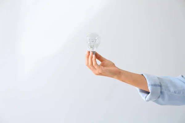 Female Hand Eco Light Bulb Light Background — Stock Photo, Image