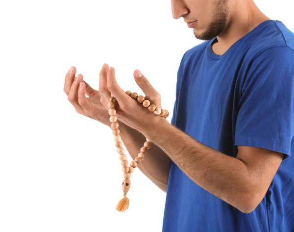 Giovane Uomo Musulmano Che Prega Sfondo Bianco — Foto Stock