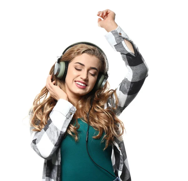 Mooie Jonge Vrouw Luisteren Naar Muziek Witte Achtergrond — Stockfoto