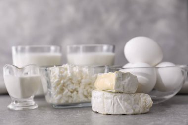 Gri arka plan üzerinde farklı süt ürünleri