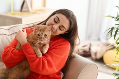 Şirin kedi evde istirahat ile kadın