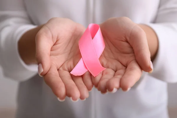 Woman Holding Pink Ribbon Closeup Breast Cancer Awareness Concept — Stock Photo, Image