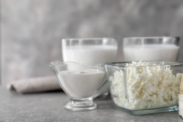 Different Milk Products Grey Background — Stock Photo, Image