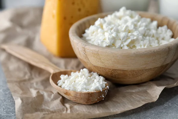 Cottage Cheese Grey Background — Stock Photo, Image