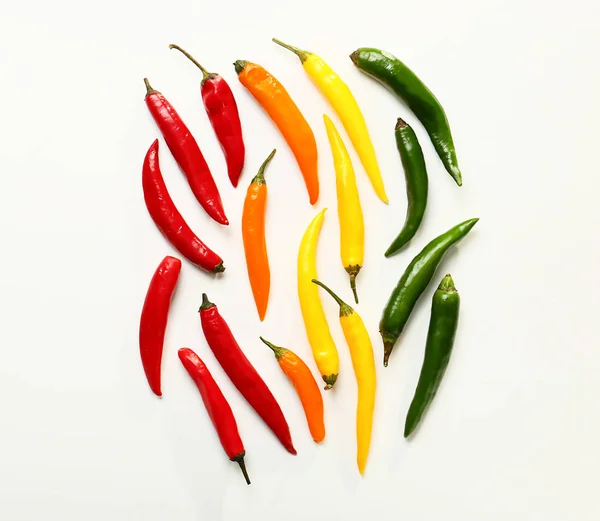 Flat Lay Composition Colorful Chili Peppers White Background — Stock Photo, Image