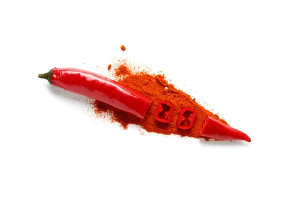Cut Fresh Chili Pepper Powder White Background — Stock Photo, Image