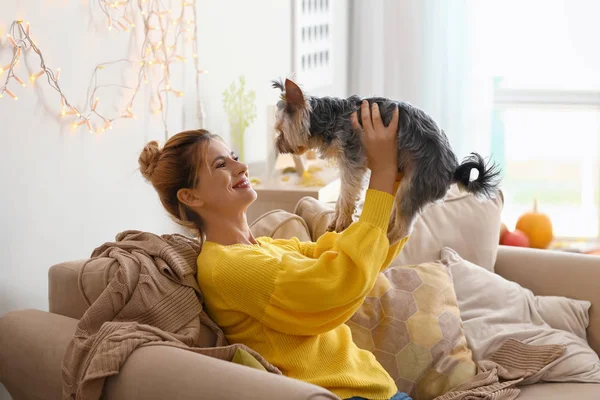 Woman Cute Dog Resting Home — Stock Photo, Image