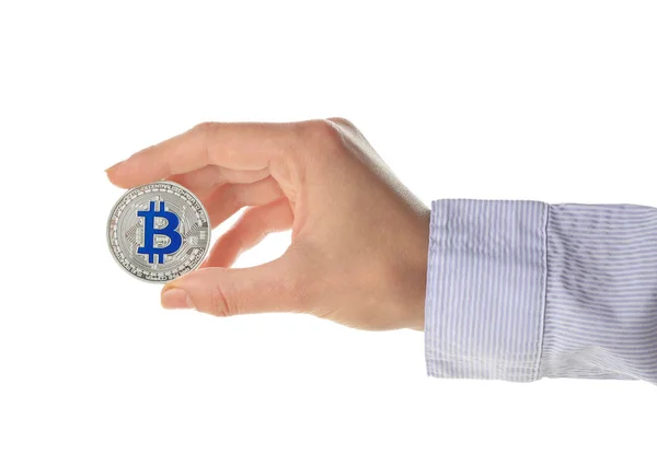 Female Hand Holding Bitcoin White Background — Stock Photo, Image