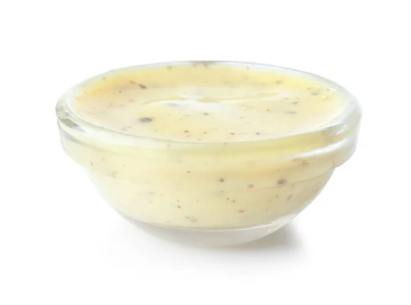 Savoureuse Sauce Jaune Dans Bol Verre Sur Fond Blanc — Photo