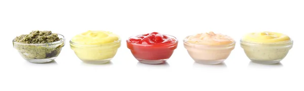 Different Tasty Sauces Glass Bowls White Background — Stock Photo, Image