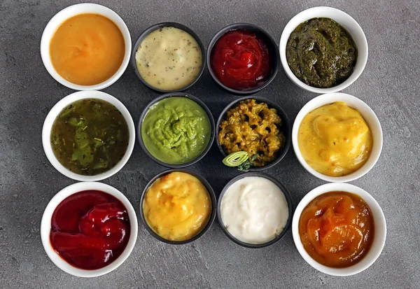 Different Tasty Sauces Bowls Grey Table — Stock Photo, Image