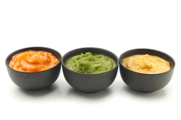 Different Tasty Sauces Bowls White Background — Stock Photo, Image