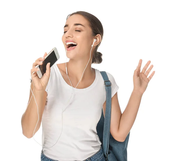 Belle Jeune Femme Écoutant Musique Sur Fond Blanc — Photo