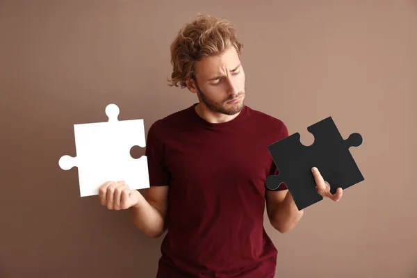 Young Man Pieces Jigsaw Puzzle Color Background — Stock Photo, Image