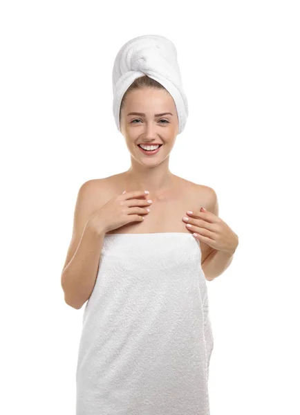 Beautiful Young Woman Wrapped Towel White Background — Stock Photo, Image