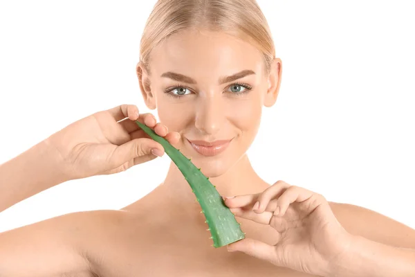 Beautiful Young Woman Aloe Vera White Background — Stock Photo, Image