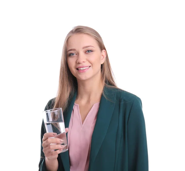 Mooie Jonge Vrouw Drinken Water Witte Achtergrond — Stockfoto