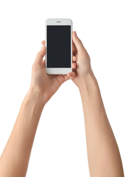 Young Woman Holding Mobile Phone White Background — Stock Photo, Image