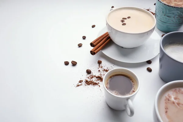 Many Cups Tasty Aromatic Coffee White Background — Stock Photo, Image