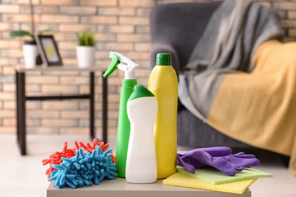 Cleaning Supplies Table Indoors — Stock Photo, Image