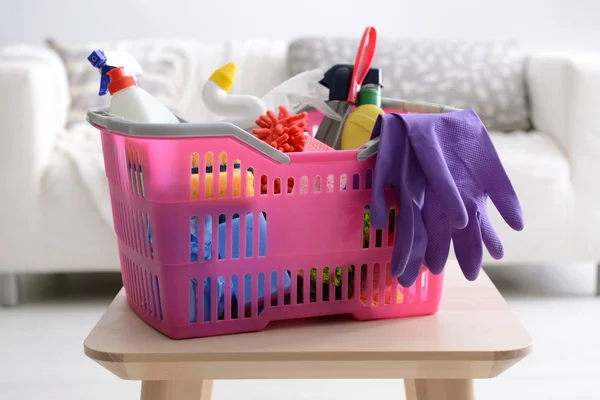 Basket Cleaning Supplies Stool Indoors — Stock Photo, Image