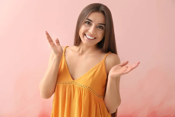 Happy Young Woman Color Background — Stock Photo, Image