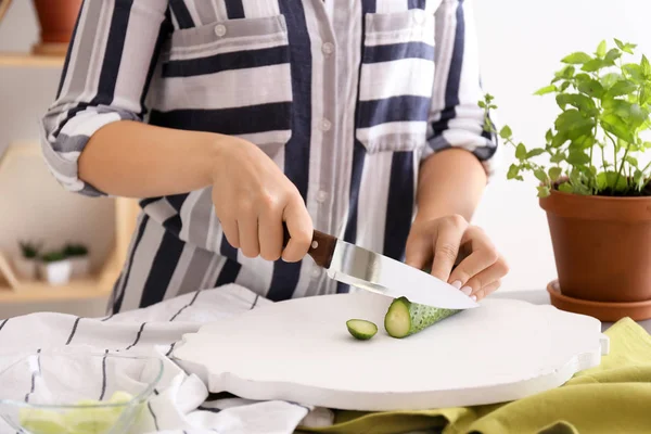 Woman Cutting Fresh Cucumber Wooden Board — Stock Photo, Image