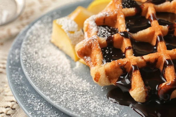 Tasty Waffles Chocolate Fruit Plate Closeup — Stock Photo, Image