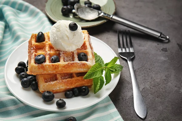 Tasty Waffles Berries Ice Cream Plate — Stock Photo, Image