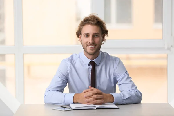 Smiling Businessman Sitting Table Window — Stock Photo, Image