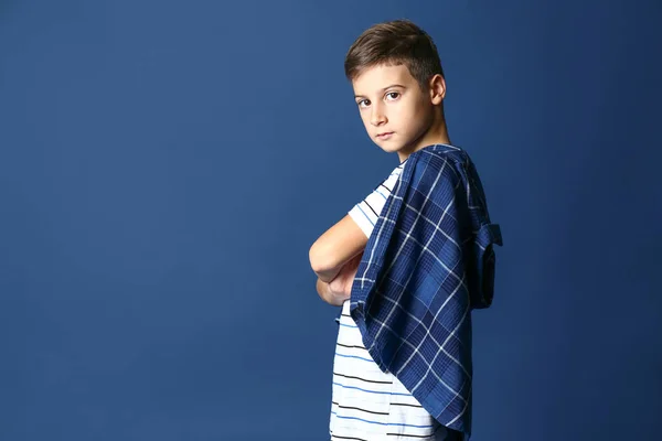 Cute Boy Fashionable Clothes Color Background — Stock Photo, Image