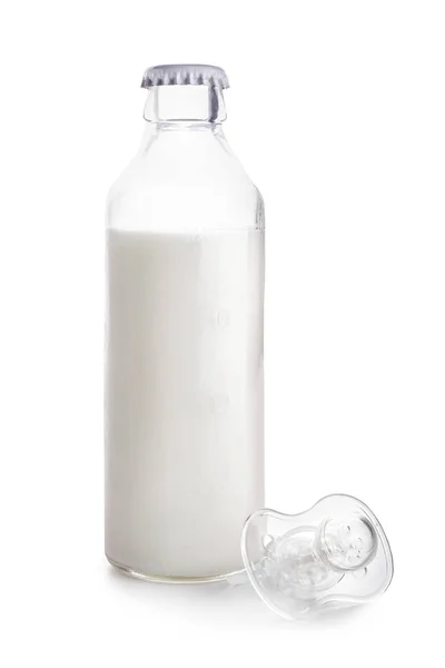 Bottle Milk Baby Pacifier White Background — Stock Photo, Image