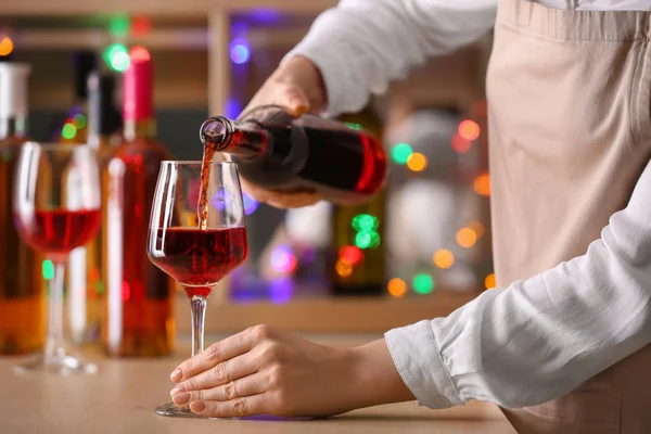 Female Barman Pouring Wine Bottle Glass Counter — Stock Photo, Image