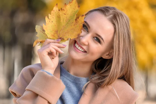 公園で秋の美しい若い女性を葉します — ストック写真