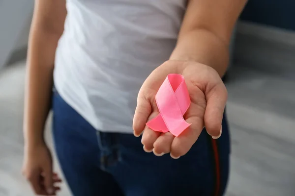 Woman Holding Pink Ribbon Closeup Breast Cancer Awareness Concept — Stock Photo, Image