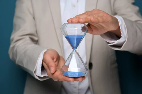 Office Worker Holding Hourglass Closeup — Stock Photo, Image