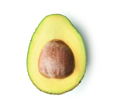 Beyaz arka plan üzerinde olgunlaşmış taze avokado yarısını